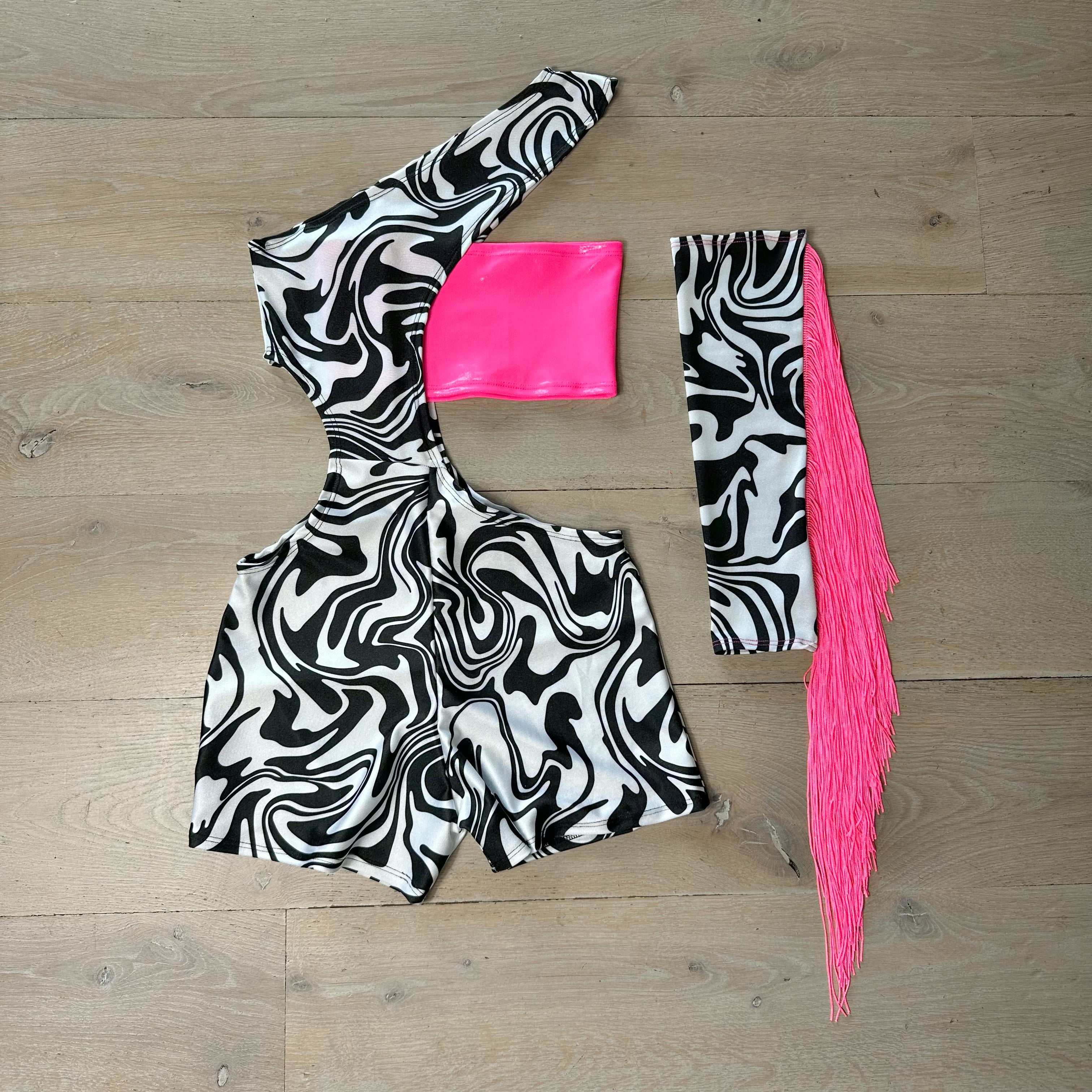 Monochrome Swirl - Unitard with pink bandeau & Fringe sleeve image 0