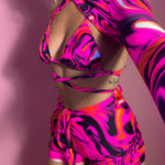 Bralet, Arm sleeves & Shorts set - UV Wavey print (Pink colour) image 4