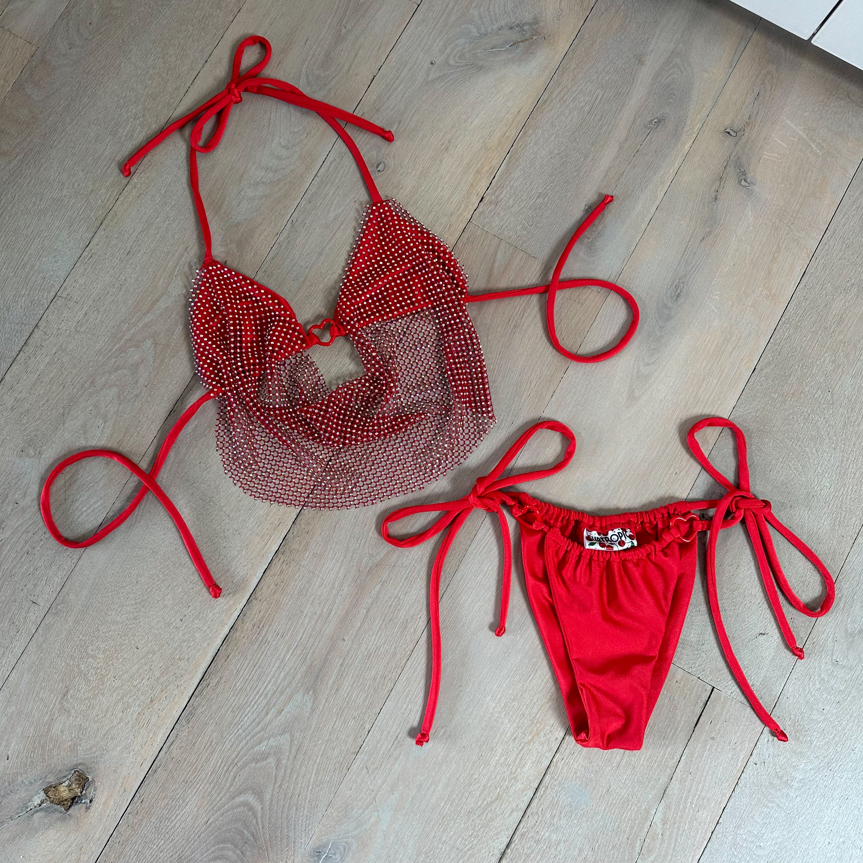 Red heart - Rhinestone cowl neck bikini top & bottoms image 1