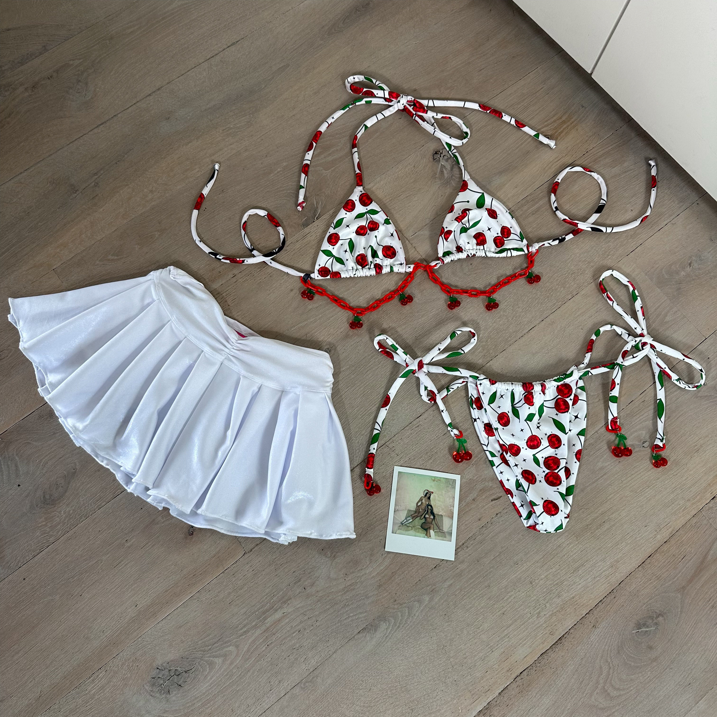 Disco Cherry - Full Bikini & white micro skirt image 0