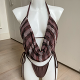 Chocolate Brown Bikini With Knit Stripe Cowl Neck Top & Shorts Set