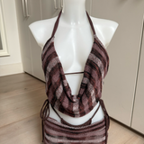 Chocolate Brown Bikini With Knit Stripe Cowl Neck Top & Skirt Set