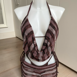Chocolate Brown Bikini With Knit Stripe Cowl Neck Top & Shorts Set